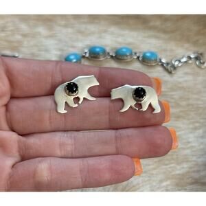 Native American SW Sterling Silver Black Onyx Bear Post Earrings Storyteller